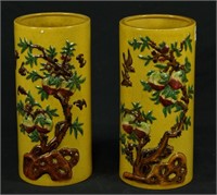PAIR OF ANTIQUE CHINESE GLAZED BRUSH POTS