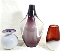 LAVENDAR HAND BLOWN ART GLASS VASES LOT OF 3