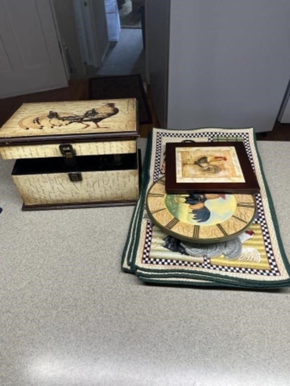 Serving trays; storage box; figurines