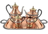 5 Pc Etched Mixed Metal Tea Coffee Set w Tray