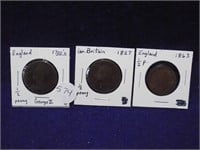 3 English 1/2 Penny-1700's(George II), 1827,1863