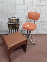 Vintage orange stool, brown stool, metal log stand