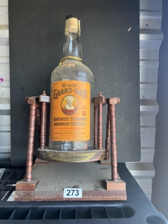 Vintage Whiskey Bottle, Wood Stand U234