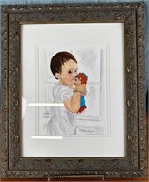 Framed Water Color, Child with Doll , Signed