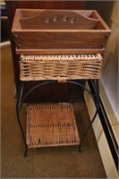 Wooden Tray and  Wicker and Wrought Iron Stand