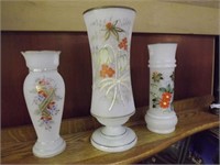 3 Enamel Satin Glass Vases