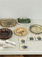 assorted Pottery items & leather coasters