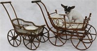 2 WICKER & WOOD DOLL CARRIAGES, LATER CUSHIONS,
