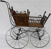 VICTORIAN WOOD, WICKER & IRON DOLL CARRIAGE,
