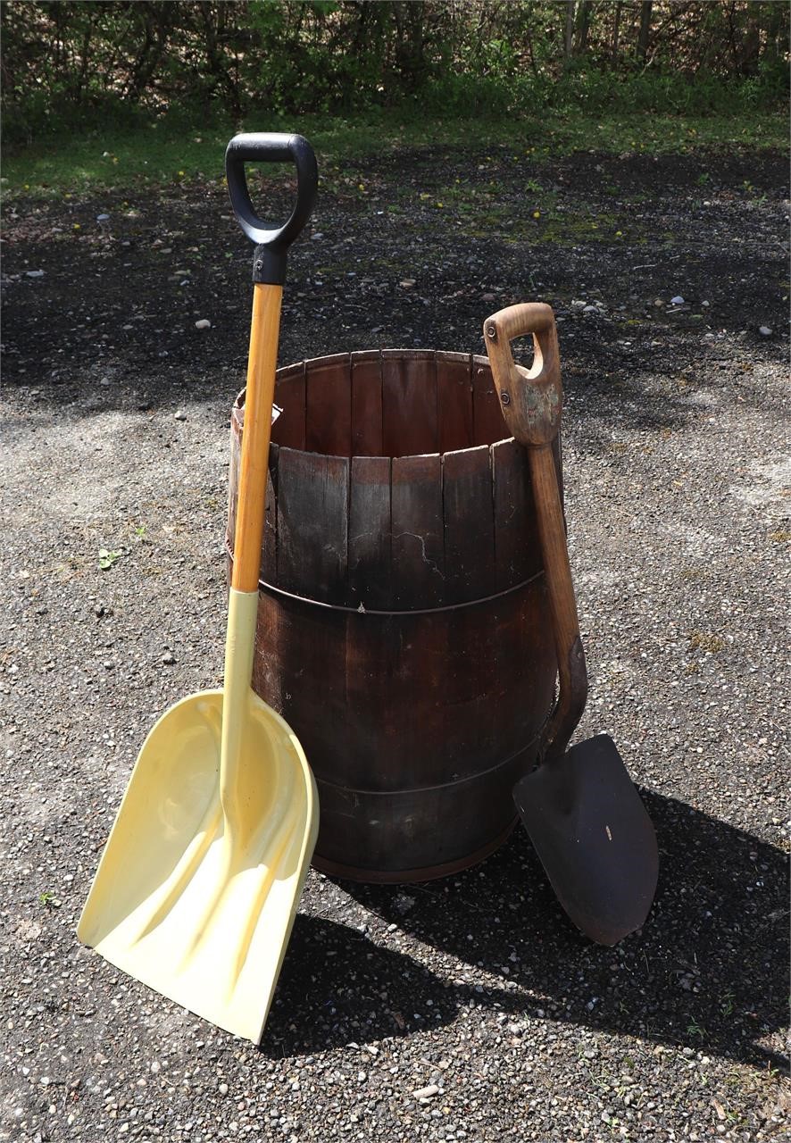 (2) Shovels , Wooden Keg