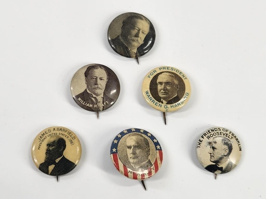 6) ANTIQUE POLITICAL PINBACK BUTTONS