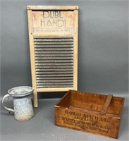 Washboard, Gold Medal Box & Galvanized Oil Pitcher