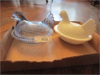 Pale blue and white milk glass hen on