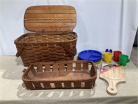 Wicker picnic basket, plates, cups, cutting board