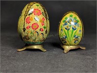 Two Vintage Wood Eggs on Brass Stands