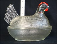 Vintage clear hen on nest w/ red accent