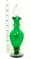 Vntg 9 1/2in green perfume bottle, clear stopper