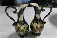 2 H Bequet Handpainted Peacock Gold Trim Pitchers