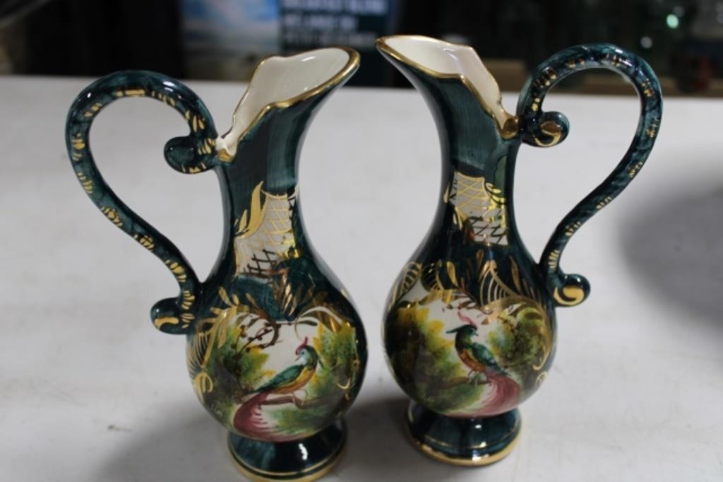 2 H Bequet Handpainted Peacock Gold Trim Pitchers