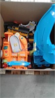 Box toys, cars, track and trains
