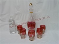 Cranberry Flash Cut to Clear Decanter & Cups Set