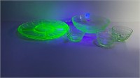 (5) uranium glass pieces, divided snack tray,