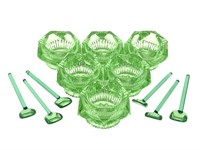 6 Green Uranium Glass Salt Cellars w Glass Spoons