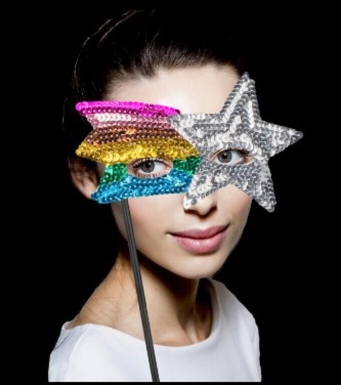 8" Sequin Mask with Stick- Silver & Rainbow Colors