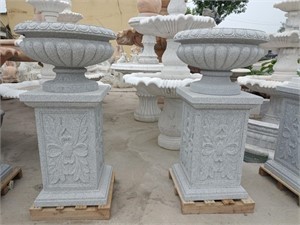 Pair of Sesame White Marble Urns on Pedestals
