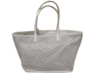 White Canvas Leather Black Pattern Tote Bag