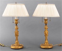 Neoclassical Gilt Metal Caryatid Table Lamps, Pair