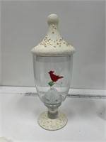 Glass Red Cardinal Lidded Vase Winter Decor