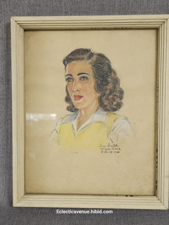 1940s Signed Dan Smith Pastel Portrait of Woman