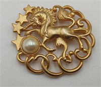 Golden Unicorn Pin w/Pearl, Clouds, & Stars