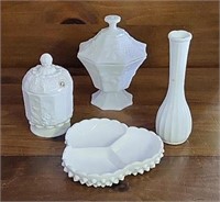 VTG Milk Glass Canisters, Vase & Ashtray
