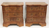 Pair Continental Burl Wood 3 Drawer Night Stands