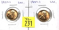 x2- 1954-S Lincoln cents, Unc. -x2 cents-Sold by