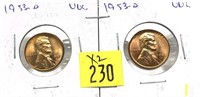 x2- 1953-D Lincoln cents, Unc. -x2 cents-Sold by