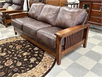 Flexsteel Oak and Brown Leather Sofa