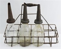 3 Antique Oil Bottles & Carry Basket