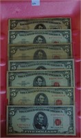 6 Red Seal $5 Notes 1953A-1963. 1934A $5 Silver Ce