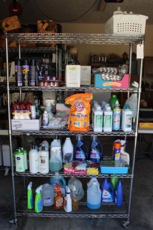 Large Lot of Cleaning Items on Rolling Shelf