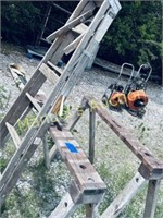 PAIR OF SAW HORSES AND WOODEN LADDER