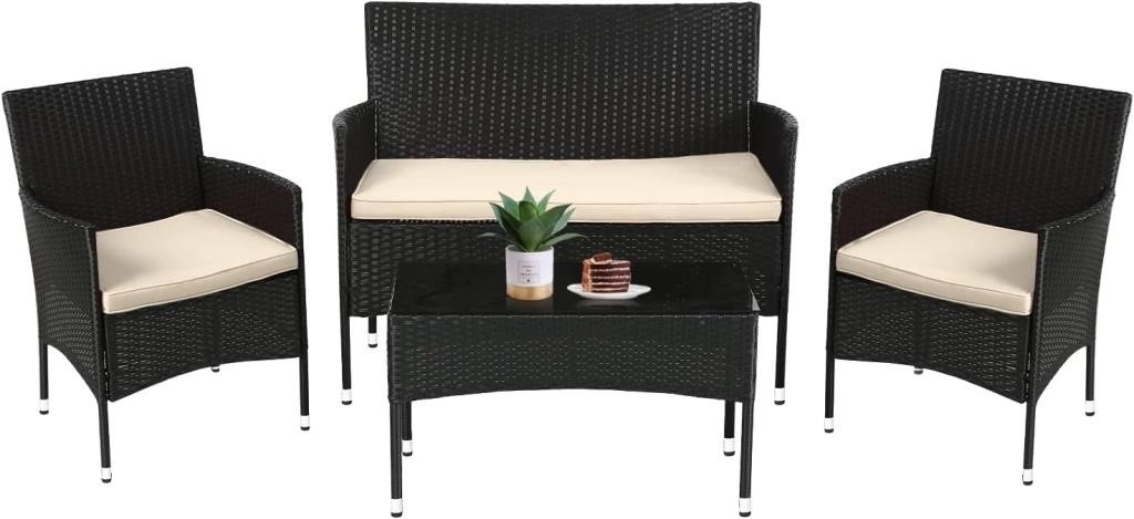 4 Piece Patio Rattan Furniture Set, Black/Beige