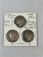 (3) Mercury Dimes 1945 P-D-S