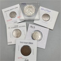 (6) Coins: 90% Silver Half Dollar, 2 Cent, More