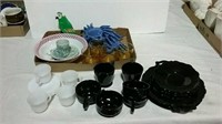 2 boxes black amethyst and miscellaneous dishware