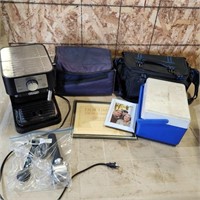 Camera bags, espresso machine, cooler
