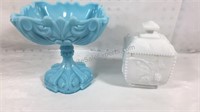 Rare Milk Glass - White Covered Dish and Blue Open