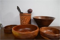 Wood Bowls, Wood Utensils & Woven Basket